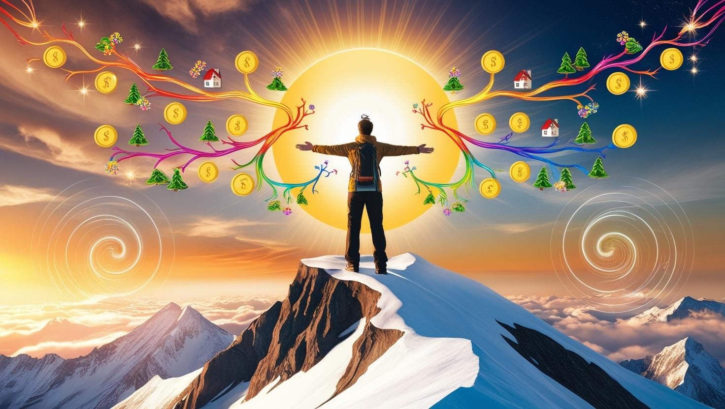 _شخص واقف على قمة جبل مرتفع وقت الشروق، بذراعين مفتوحتين للسماء. الشخص محاط بهالة ذهبية من الضوء. من يديه المفتوحتين تتدفق وتتفرع مس